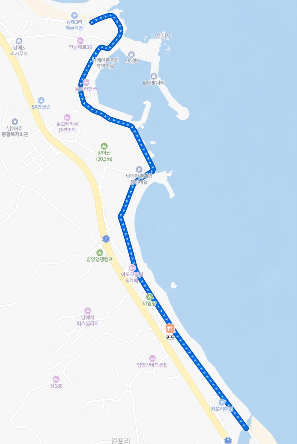남애3리 해변 모닝런 왕복 경로 지도