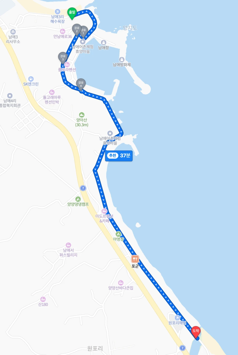 남애3리 모닝런 전체 경로 지도